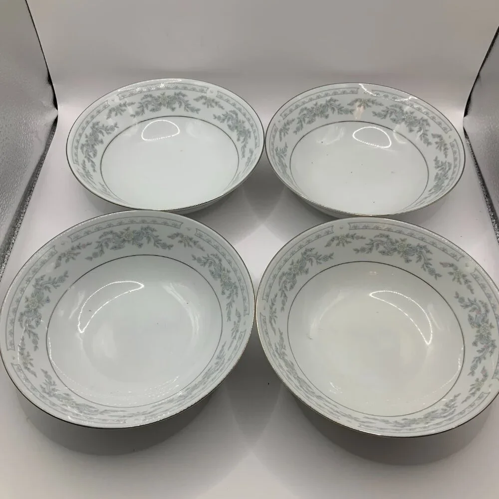 Somerset Blue, Pink & Green Flowers w/Blue Ribbon Silver Trimmed Bowl
